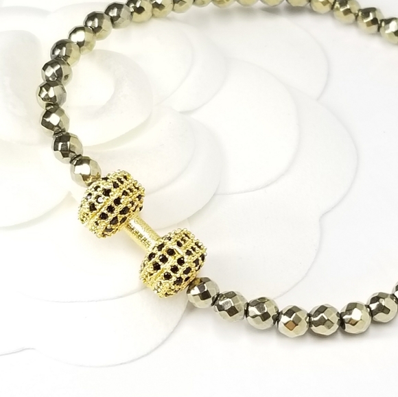 @mrsmarsden 4pc x Dumbbell Pave CZ Hematite Stretch Bracelet NEW - Picture 3 of 6